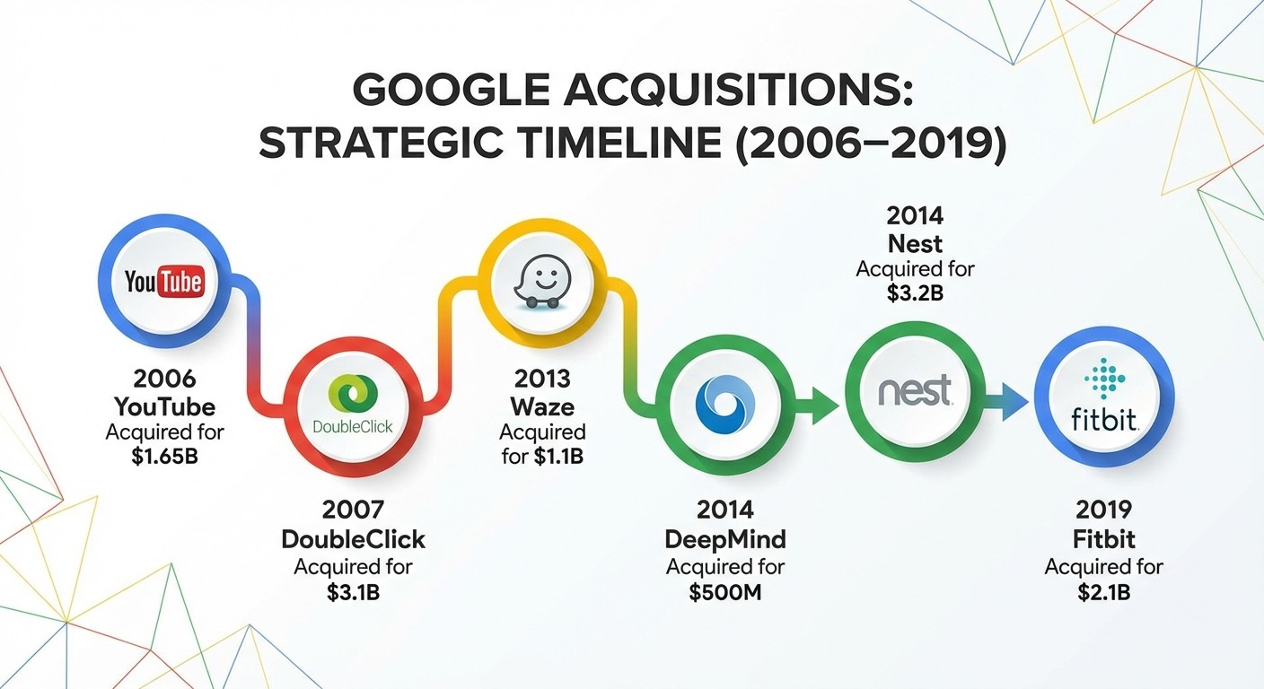 Google Major Acquisitions Timeline - YouTube, DoubleClick, Nest, Fitbit